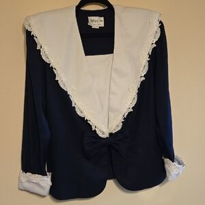 Elegant Blue and White Blazer with Lace Trim